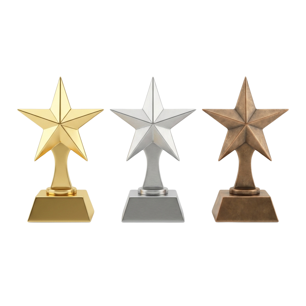 Three star-shaped trophies in gold, silver, and bronze colors on black background
