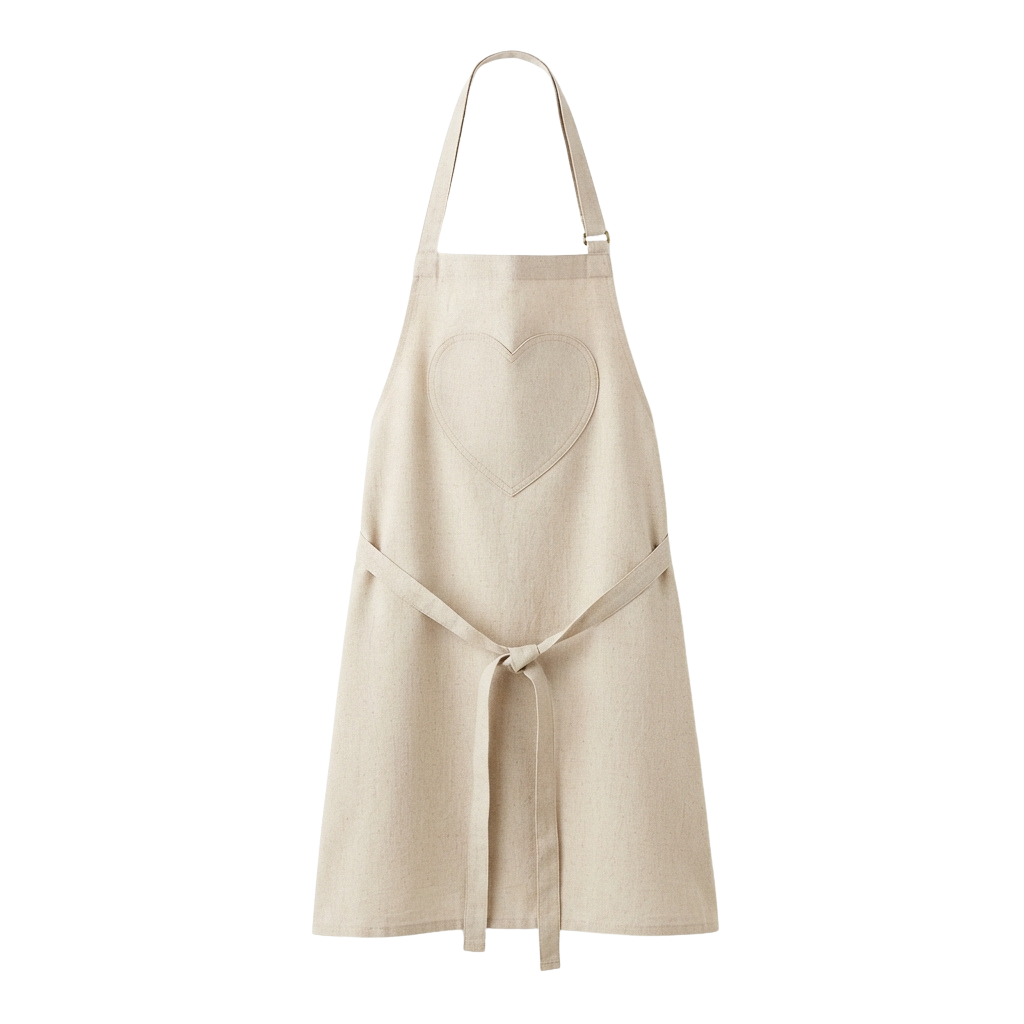 Light beige apron with a large heart embroidered in the center and adjustable straps