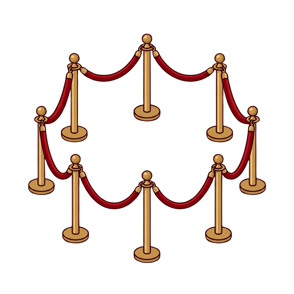 Six gold-colored stanchions with red velvet rope forming two parallel lines on black background