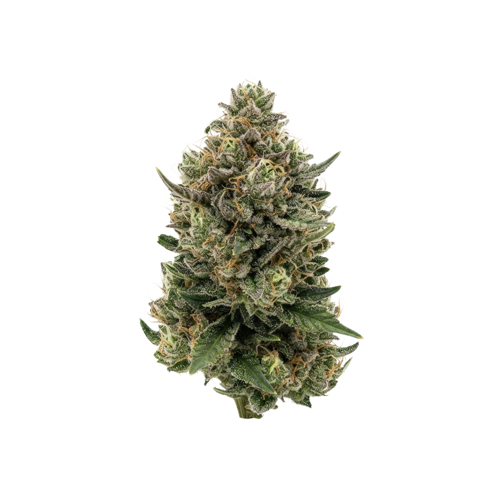 Close-up image of a single cannabis bud covered in trichomes and resinous crystals