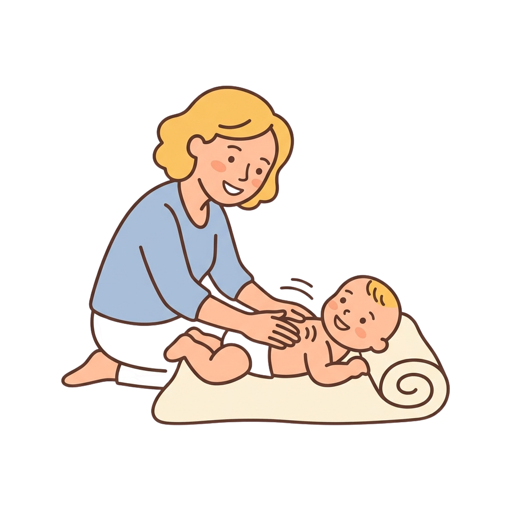 Illustration of an adult helping a baby during tummy time on a soft mat