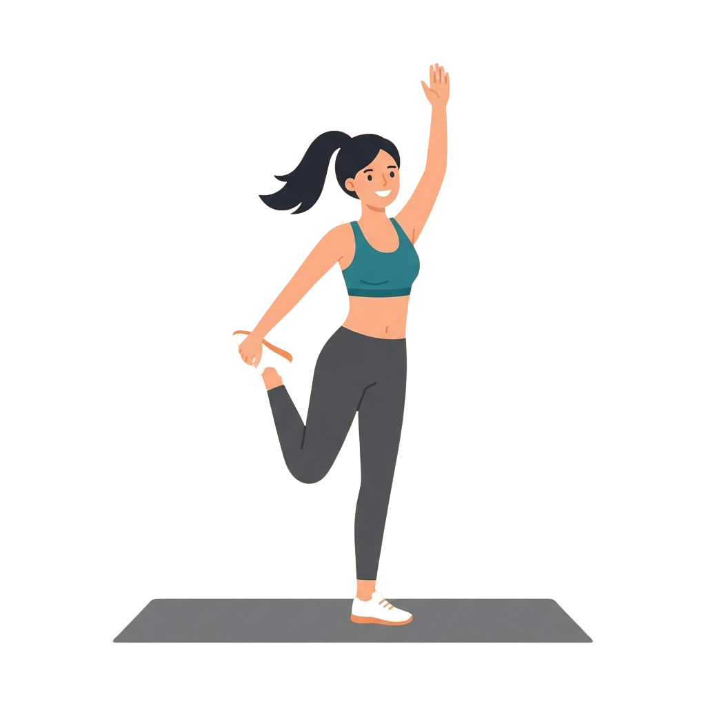 Illustration of a woman lifting one knee to her chest while balancing on the other leg, smiling, on a yoga mat