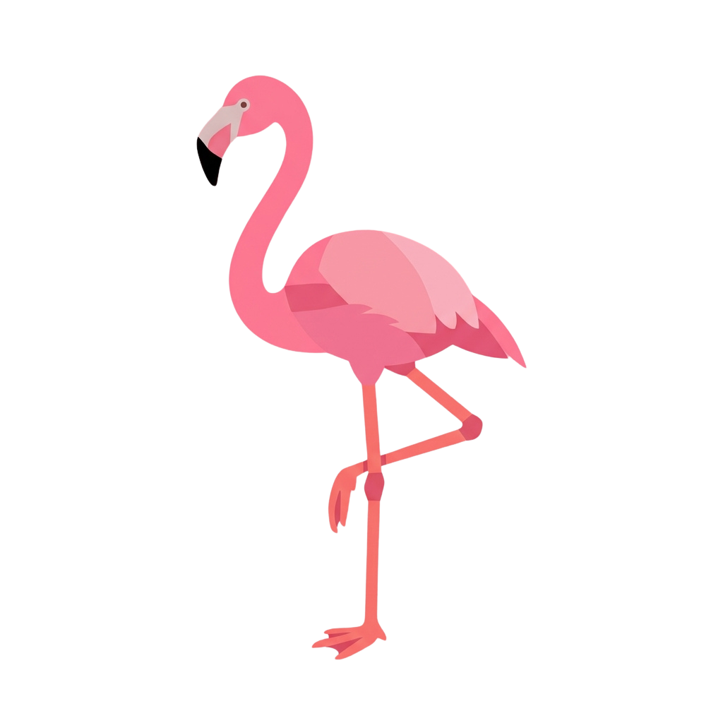 A stylized pink flamingo standing on one leg against a black background