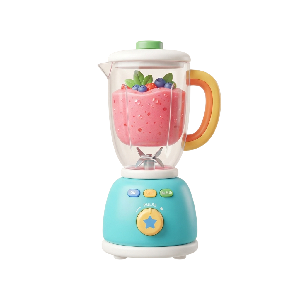 A child-friendly blender filled with pink smoothie and blueberries, featuring colorful buttons and handle