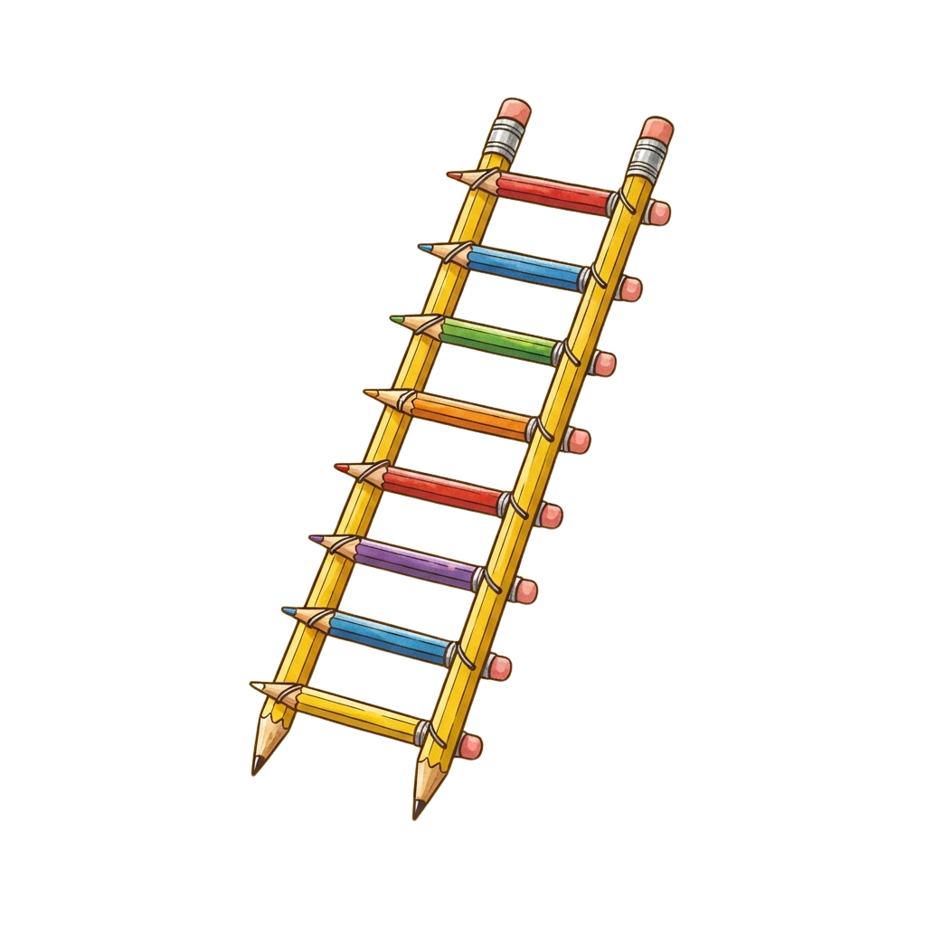 A ladder made of sharpened colored pencils with red, yellow, and pink erasers on top