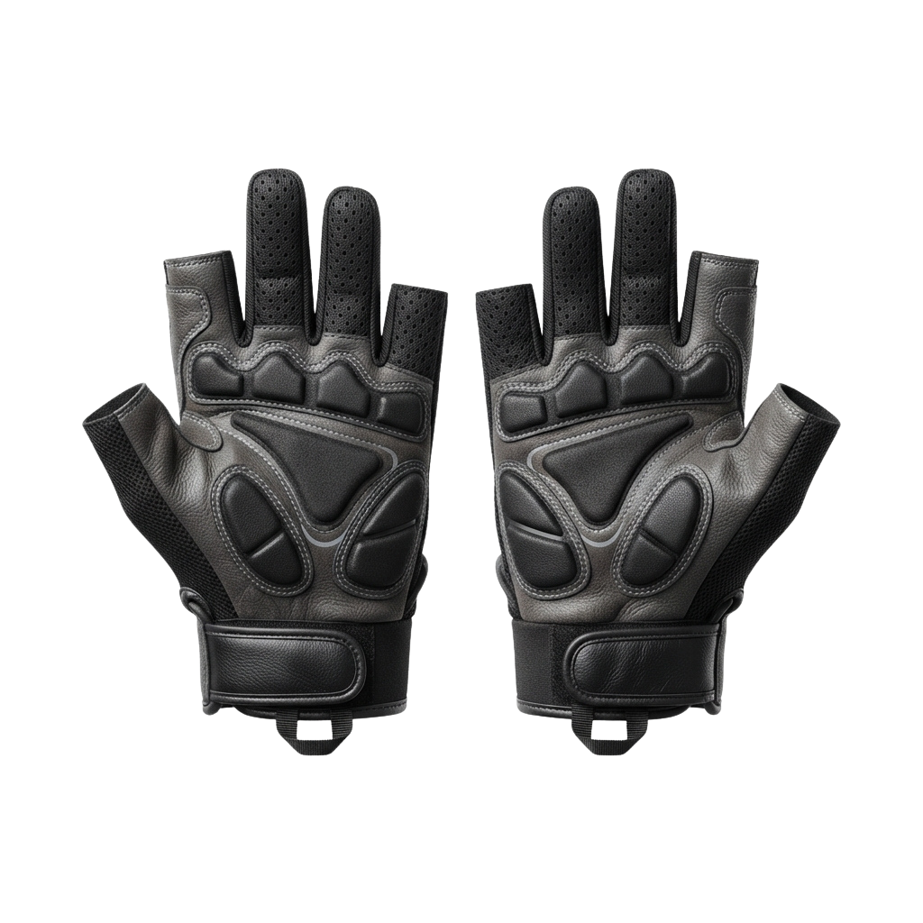 Pair of black fingerless leather gloves with padded knuckles and wrist straps