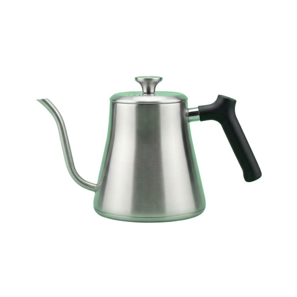 A shiny stainless steel gooseneck kettle with a black ergonomic handle and lid knob.