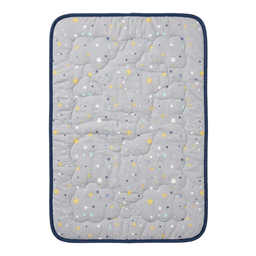 Light gray quilted mattress pad featuring white clouds and multicolored stars on a soft fabric background