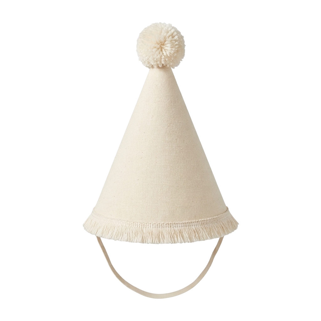 A white party hat with a fluffy pom pom on top and a fringe trim at the bottom
