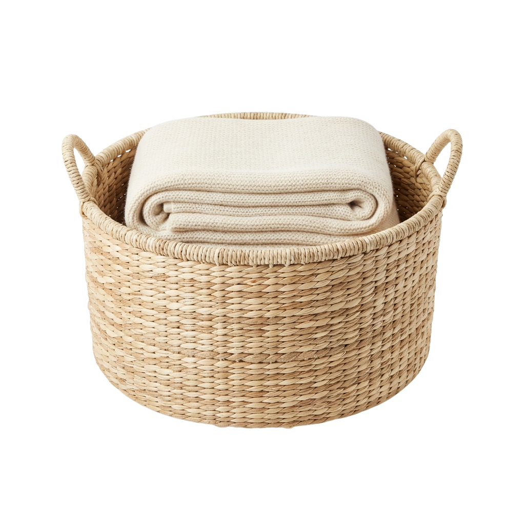 A woven wicker basket holding neatly folded white towels with two sturdy handles on each side