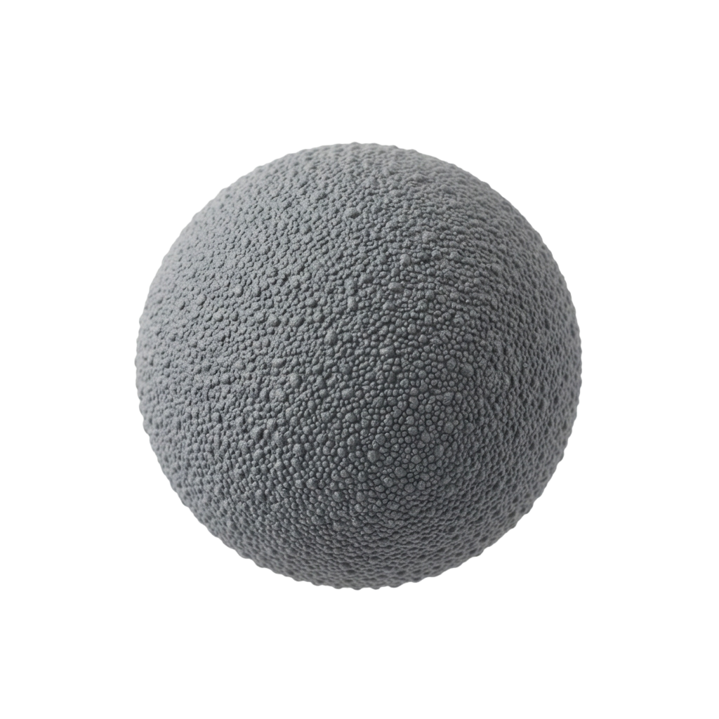 Close-up grayscale image of a spherical particle with a rough, granular surface texture