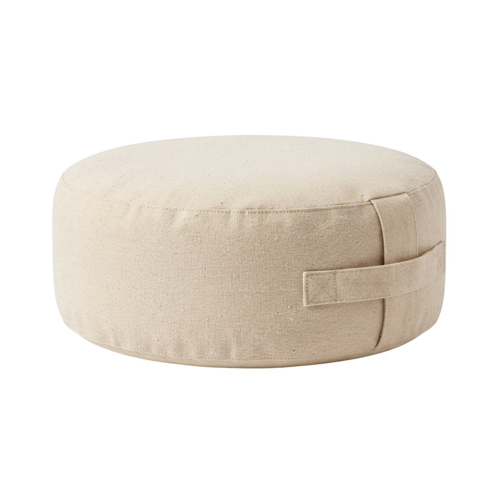A round beige cushion with a flat top and adjustable straps on a black background