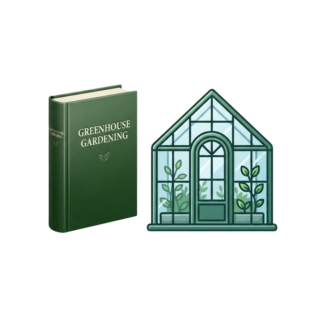 Green book titled Greenhouse Gardening and a greenhouse illustration with plants