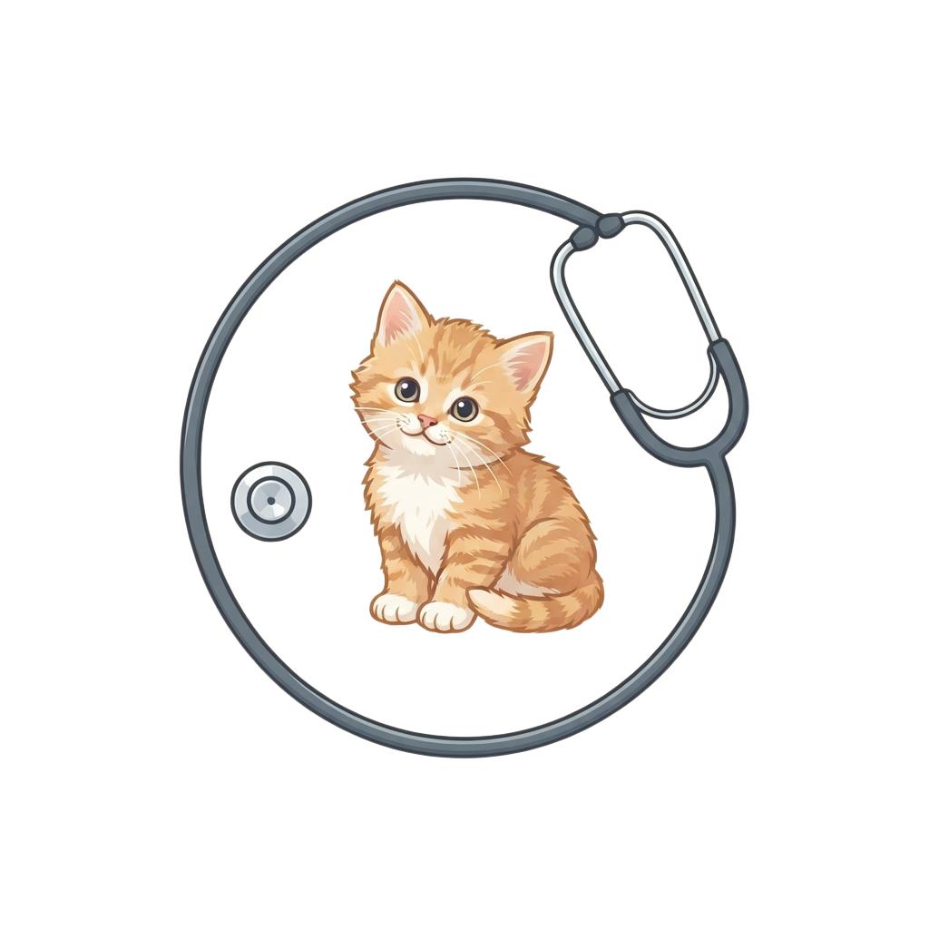 Illustration of an orange kitten sitting inside a stethoscope on a black background