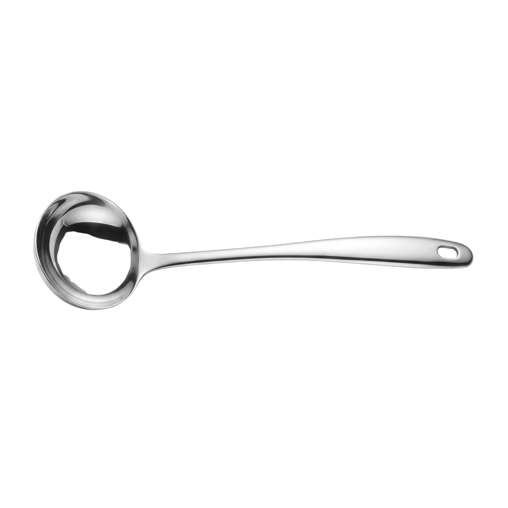 A single stainless steel measuring spoon with a hole in the bowl for easy pouring of ingredients.
