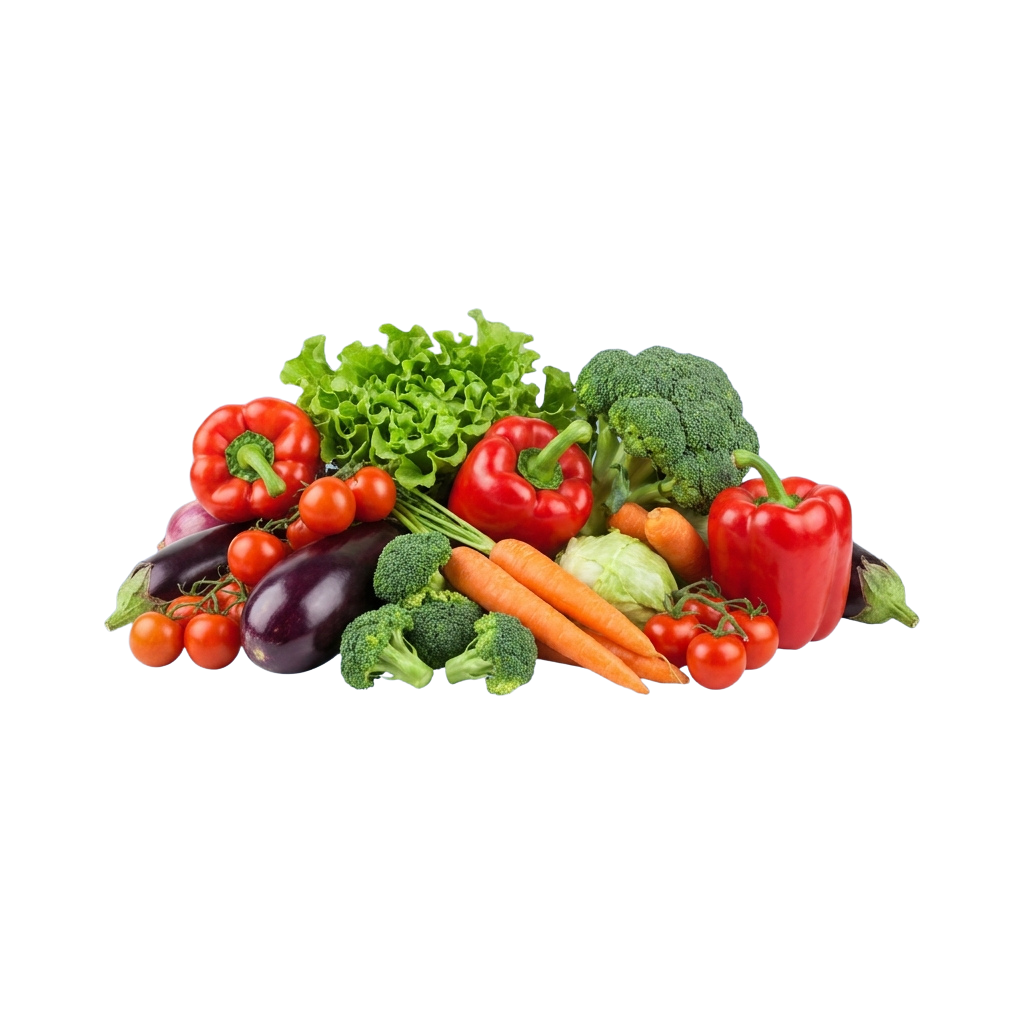 Assorted fresh vegetables including tomatoes, bell peppers, broccoli, carrots, eggplant, and lettuce