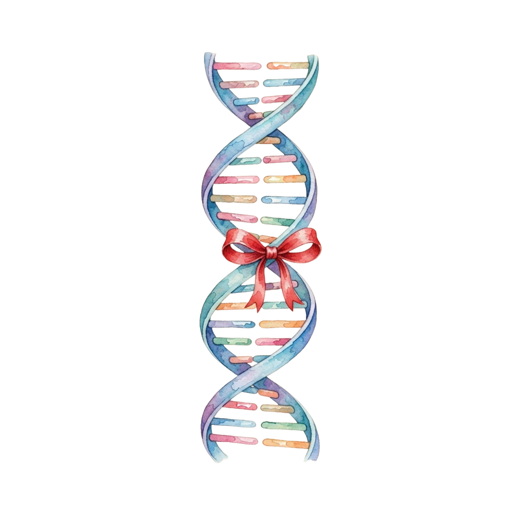 Illustration of a DNA double helix wrapped with a red gift bow