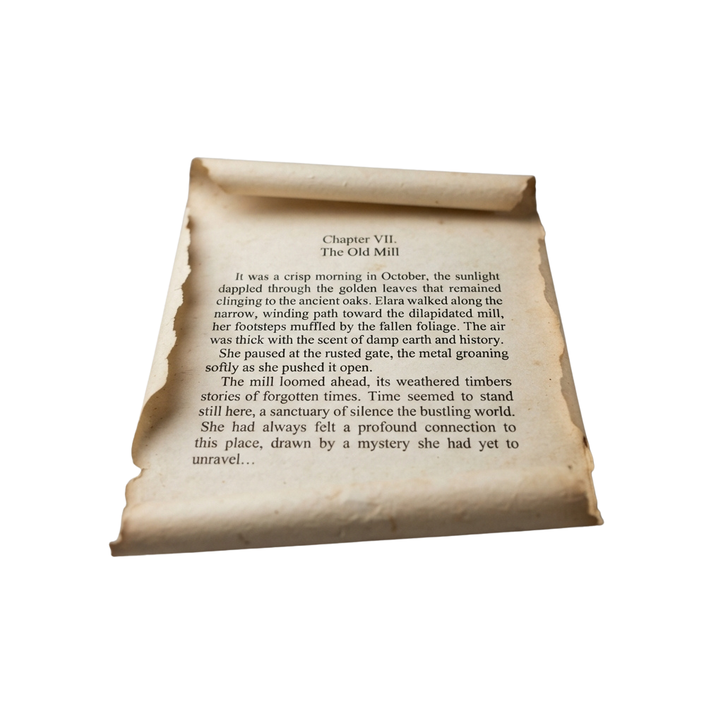 A torn book page showing text about a woman walking toward an old mill on a crisp October morning