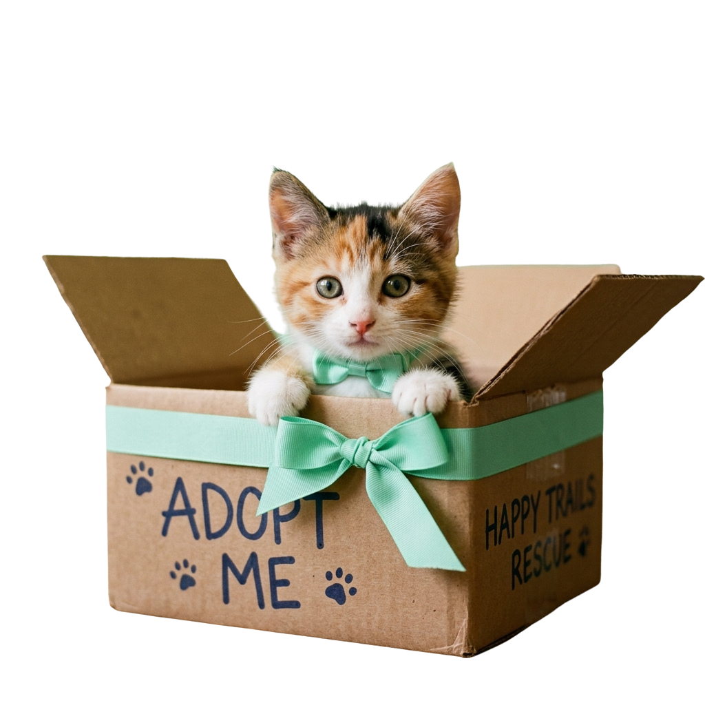 A calico kitten wearing a green bow tie sitting inside an open cardboard box with adopt me message and paw prints