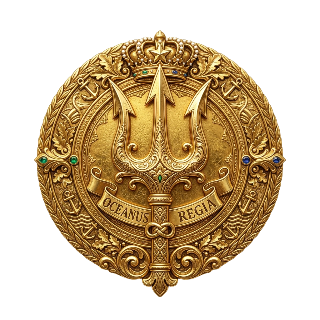 Decorative golden emblem featuring a trident, crown, anchors, and the text Oceanus Regia