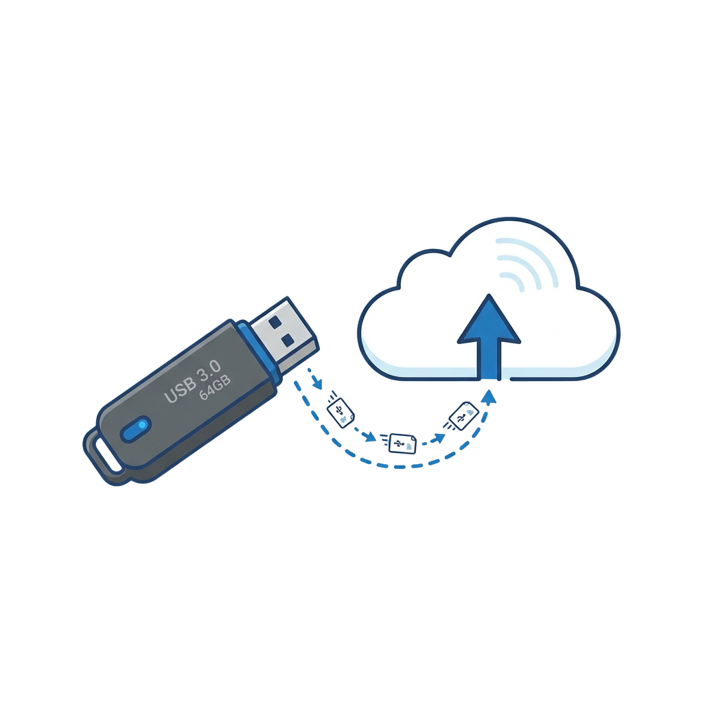 USB 3.0 flash drive connecting wirelessly to a cloud storage icon with an upload arrow