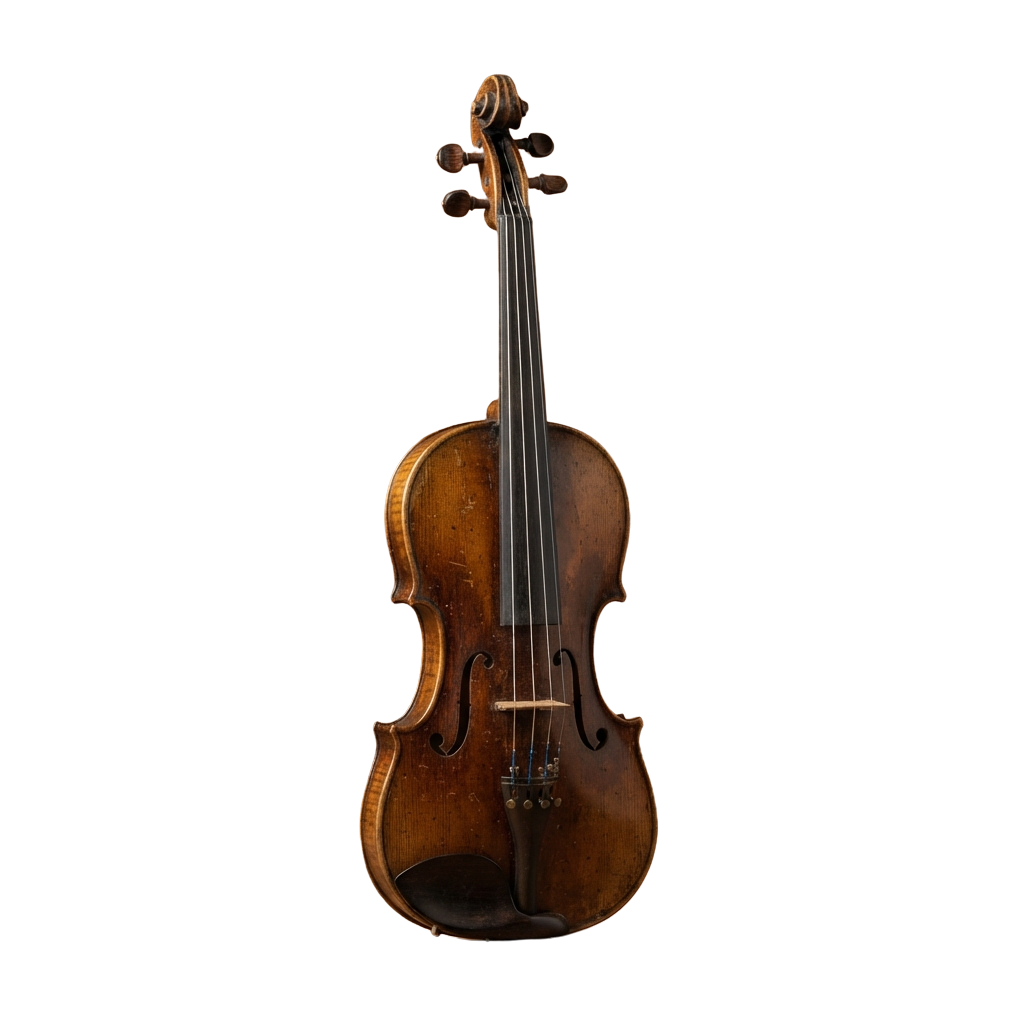 A close-up image of a dark brown antique violin with a scroll and four strings.