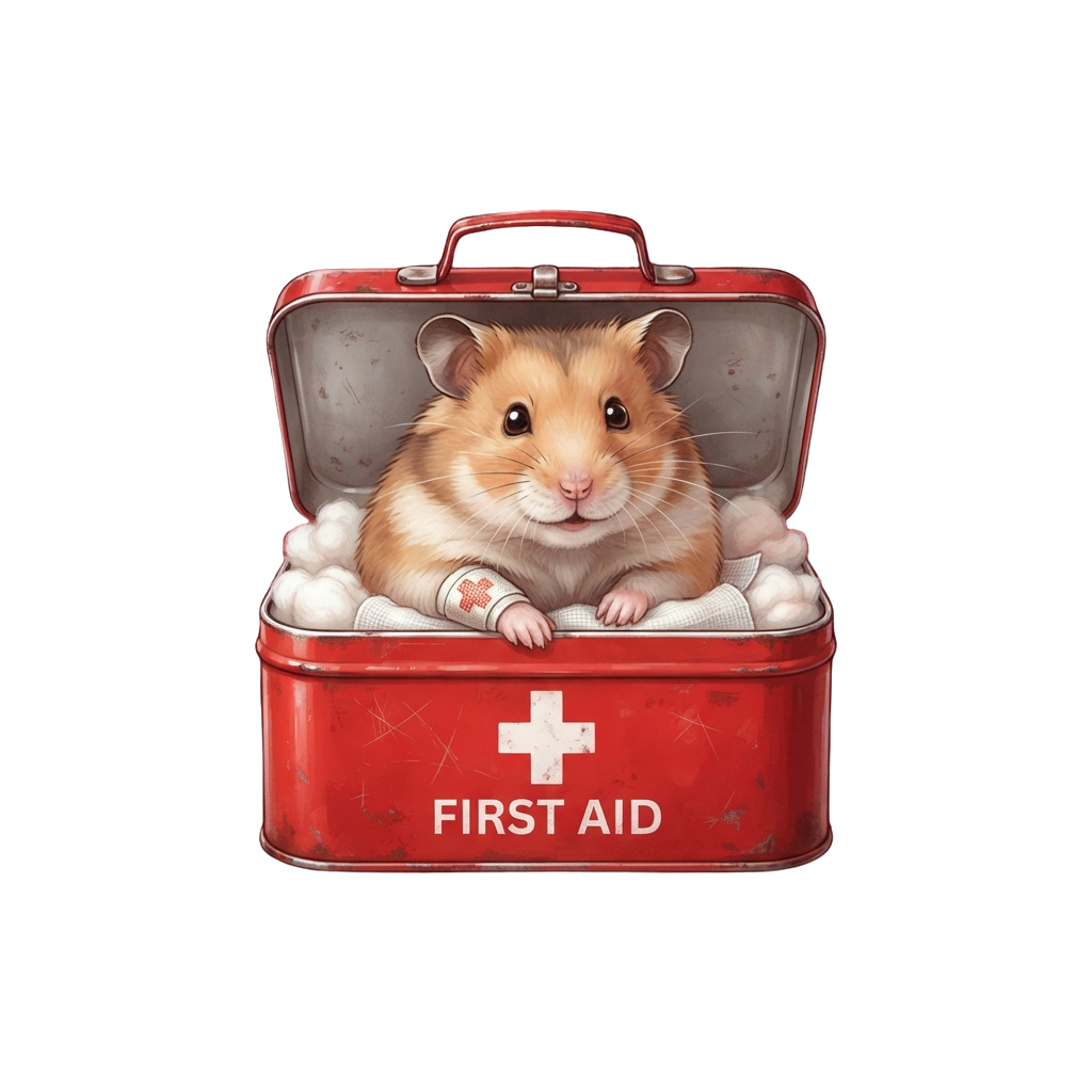 A hamster sitting inside an open red first aid kit box with bandaged paws.