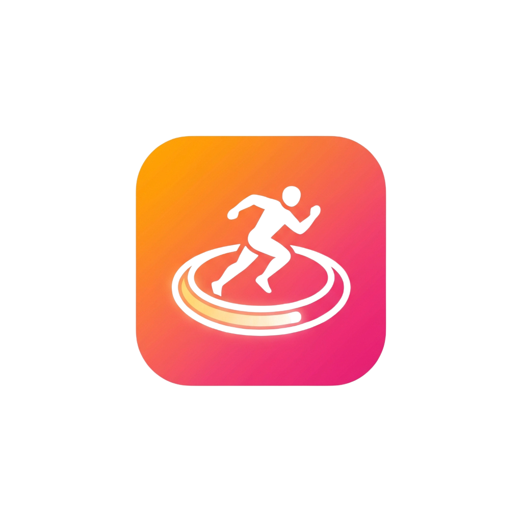 Black silhouette of a person running on a treadmill inside a colorful gradient square icon