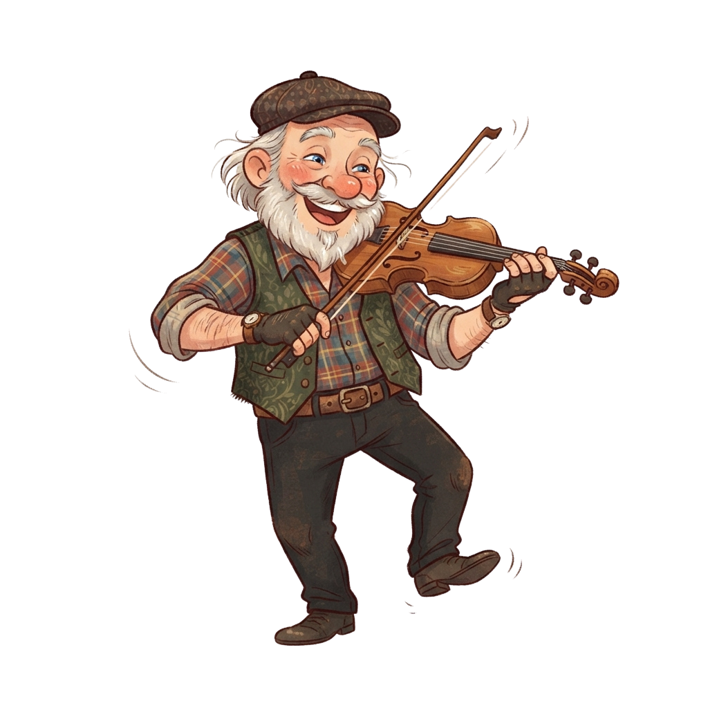 Illustration of an elderly man with a beard and cap playing a violin joyfully
