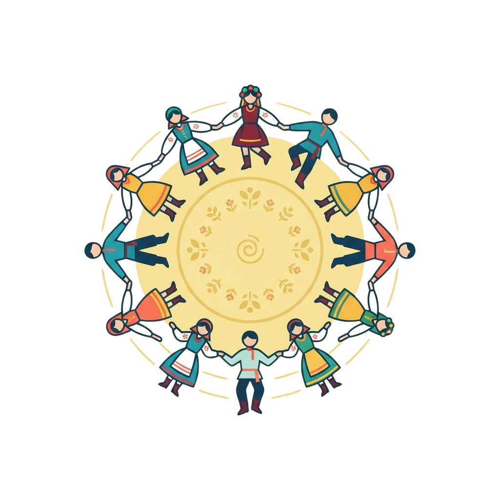 Illustration of a circle dance with diverse figures holding traditional instruments around a central sun symbol