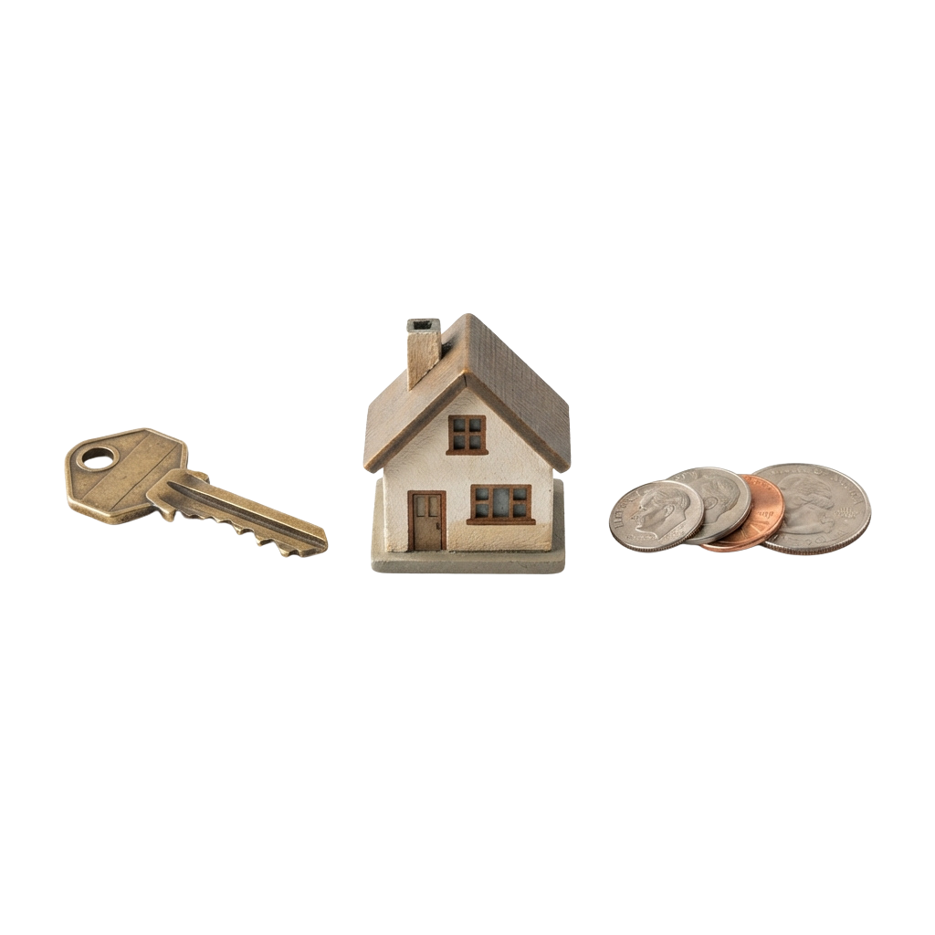 A small wooden house model, a brass key, and three coins on a black background