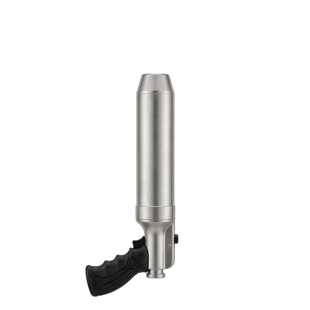 A revolver with a silver chrome cylinder and extended barrel, black grip, shown against a dark background