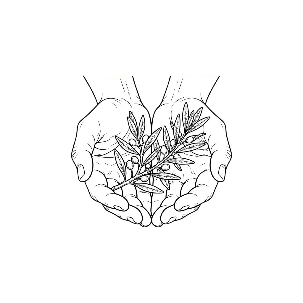 Two hands gently holding an olive branch with leaves and berries against a black background