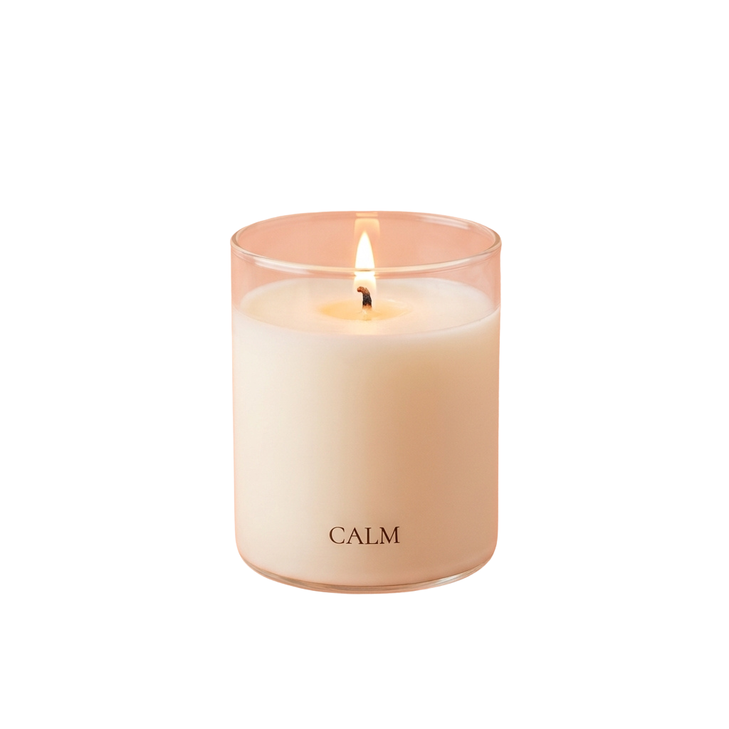 A lit candle in a transparent light pink container with the word CALM printed on it