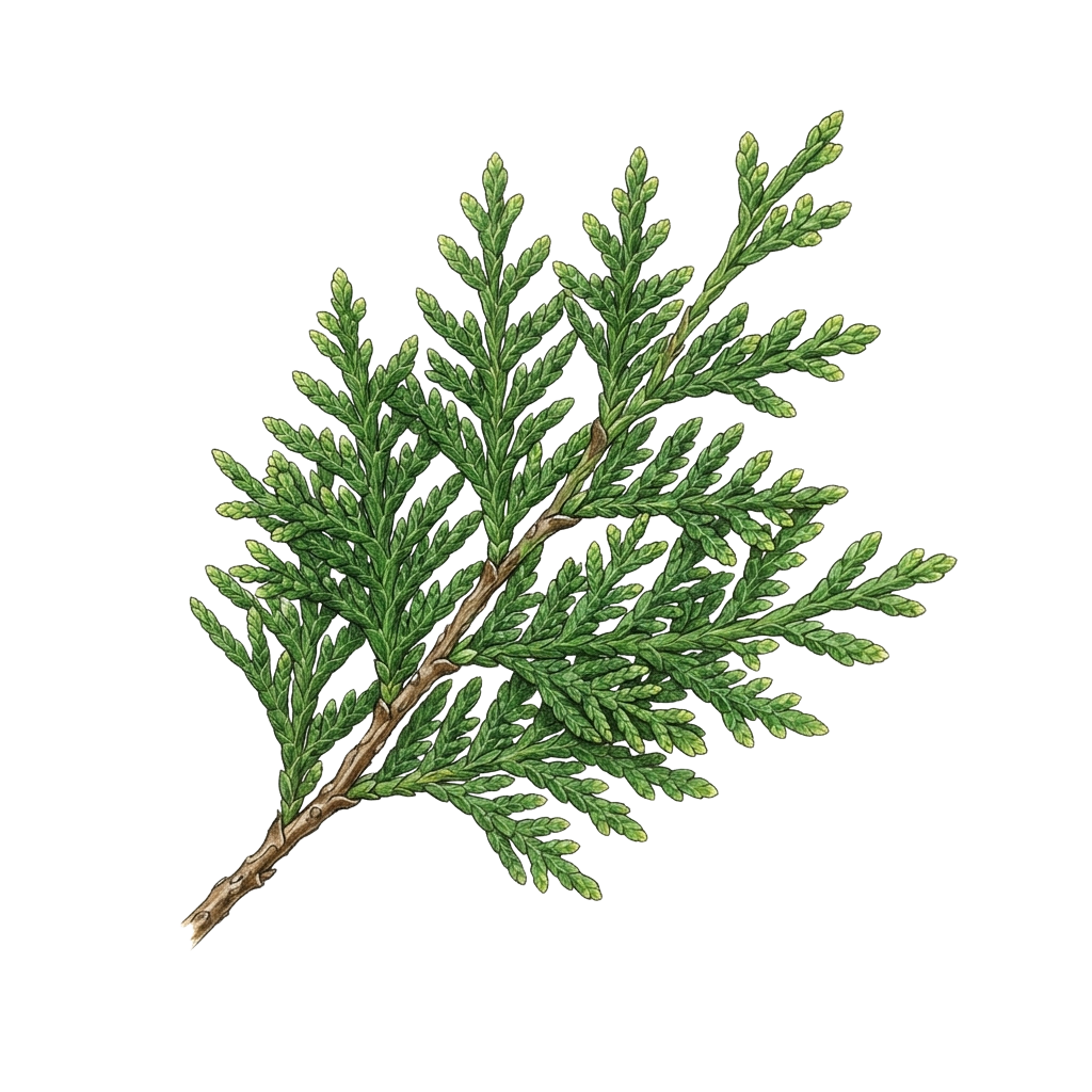 Illustration of a branch with small, scale-like green juniper leaves