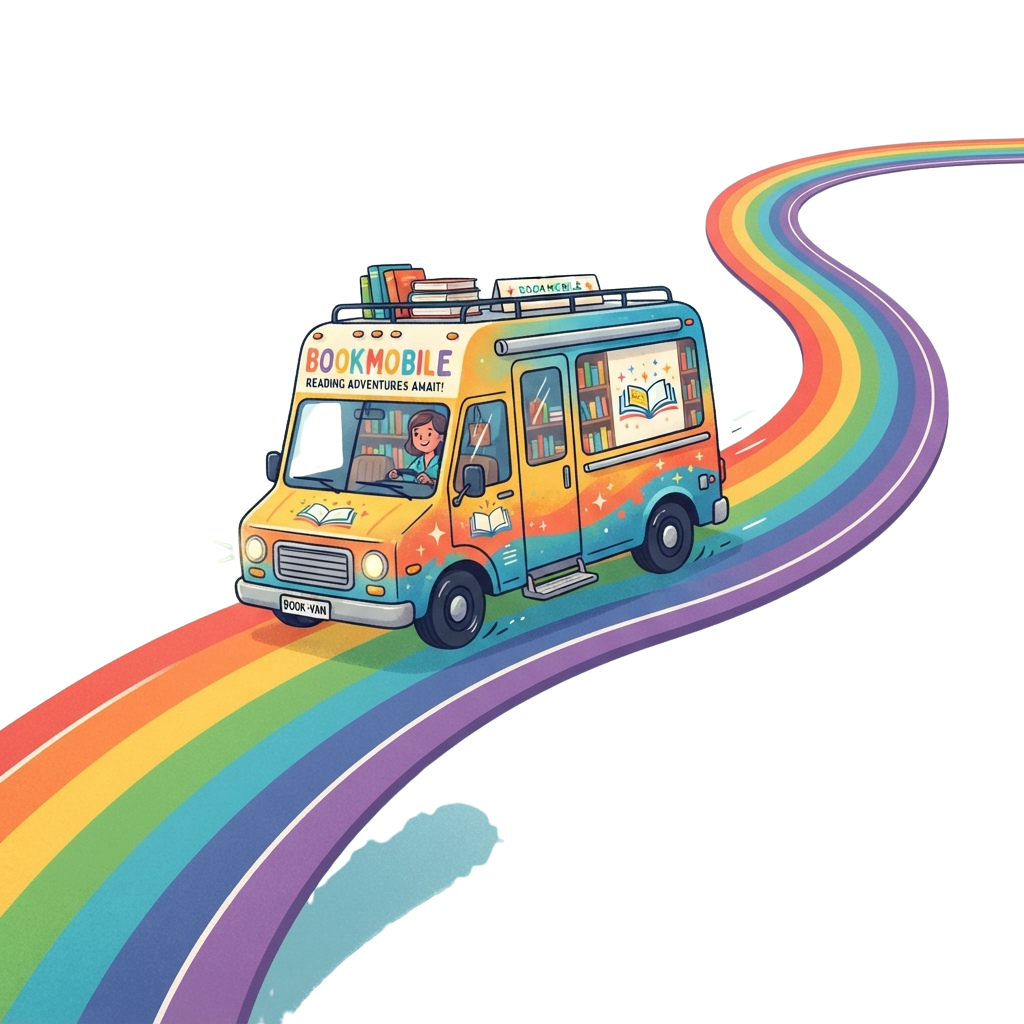 Colorful Bookmobile Illustration on Rainbow Road Adventure - National Bookmobile Day 4