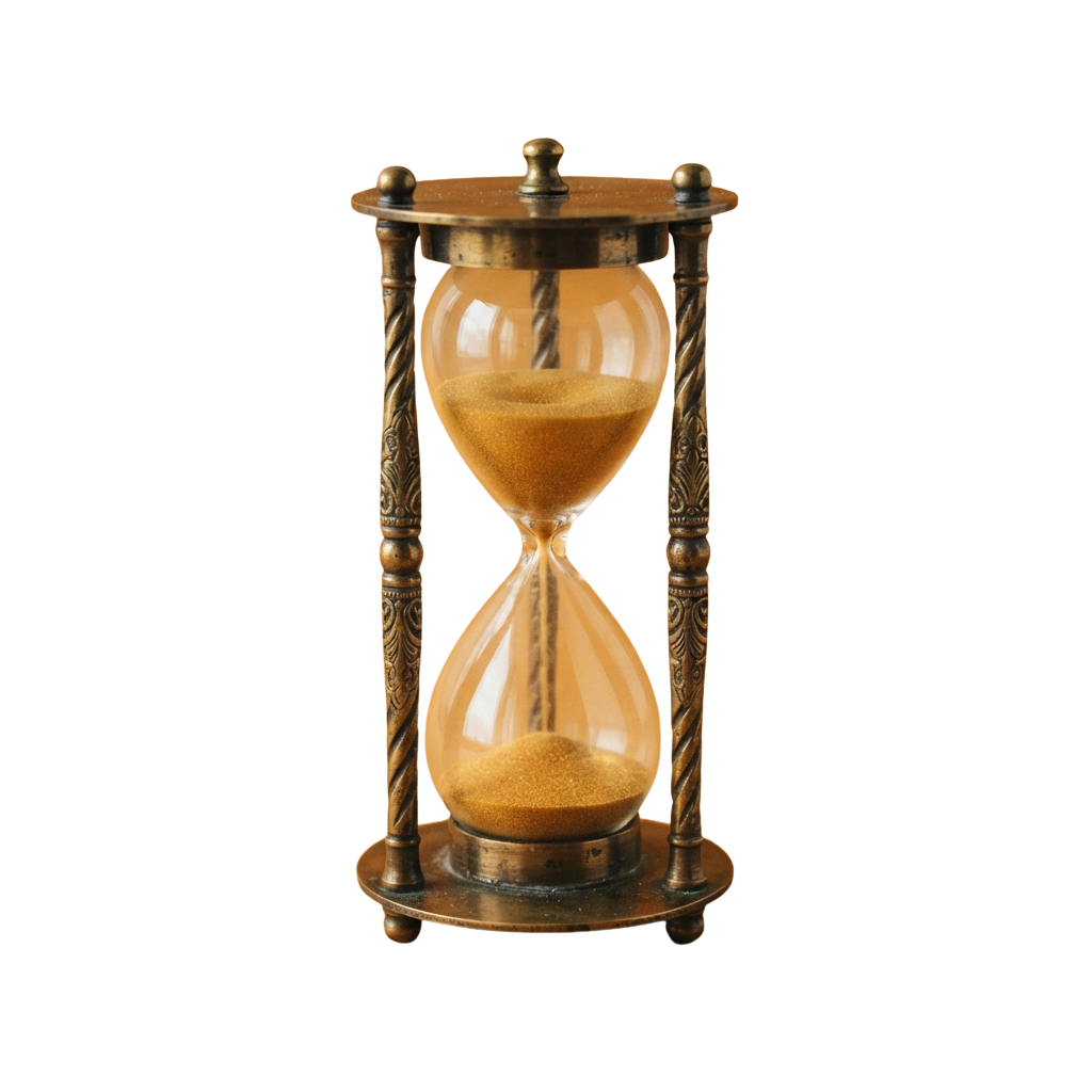 An hourglass with sand flowing between two glass bulbs, framed by ornate metal supports