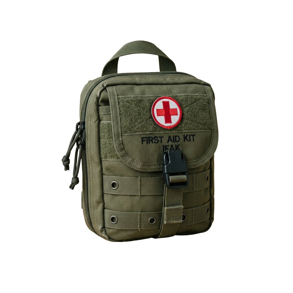 A tan military-style first aid kit featuring a red cross symbol and labeled First Aid Kit