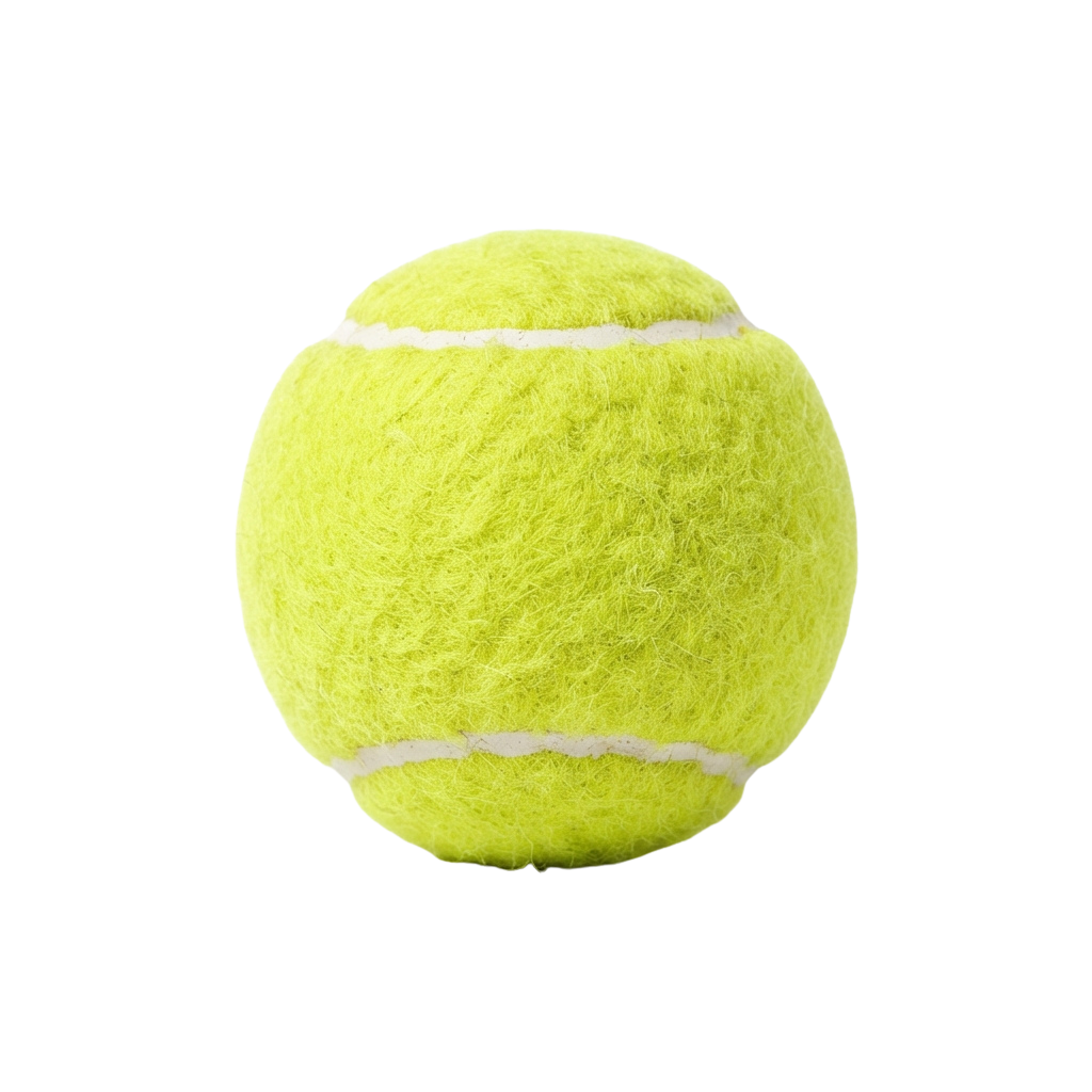 Close-up of a bright yellow tennis ball with white curved seams against a black background