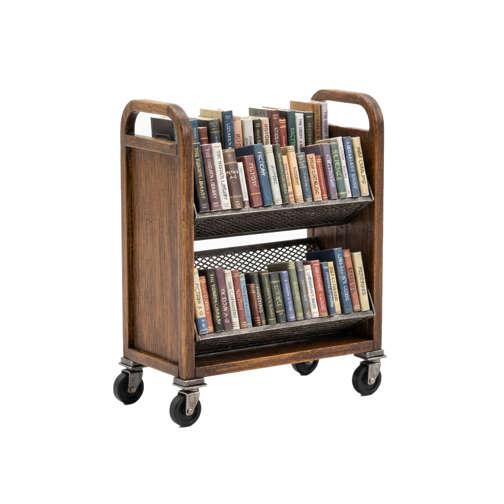 A wooden mobile bookshelf with two shelves filled with books and four wheels for easy movement