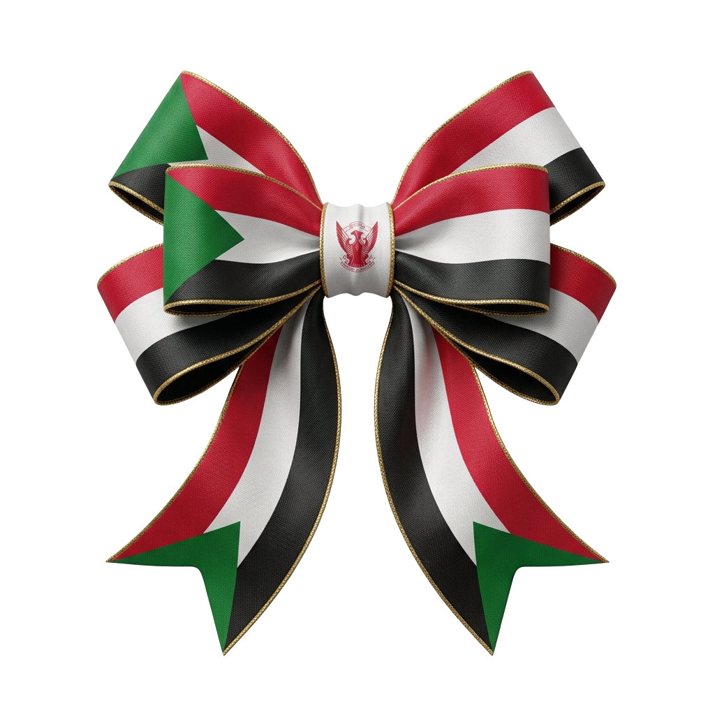 Decorative bow featuring red, black, white, and green stripes with a central emblem