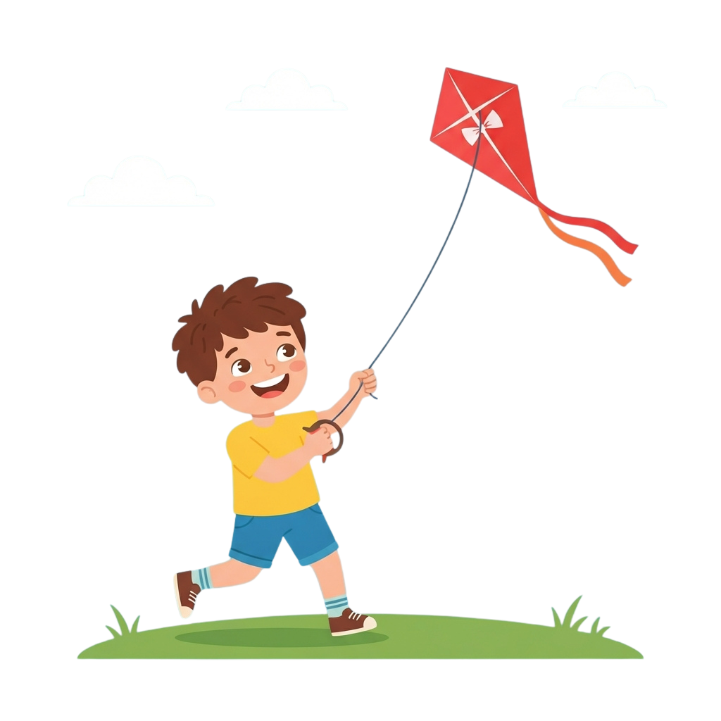 A smiling child in a yellow shirt and blue shorts flying a red diamond-shaped kite with orange tail on a green field.