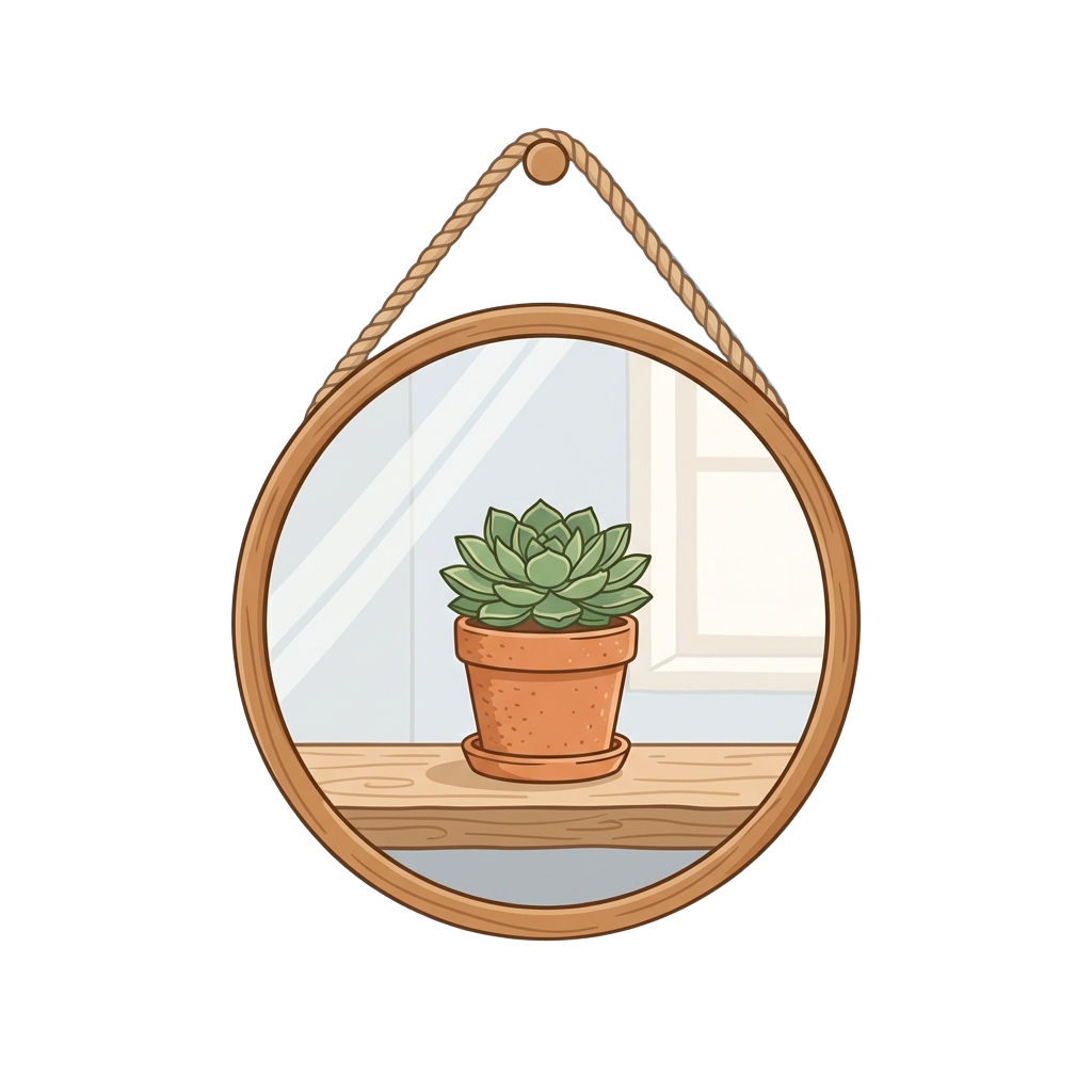 Round wooden-framed mirror hanging on a black wall reflecting a potted succulent on a windowsill