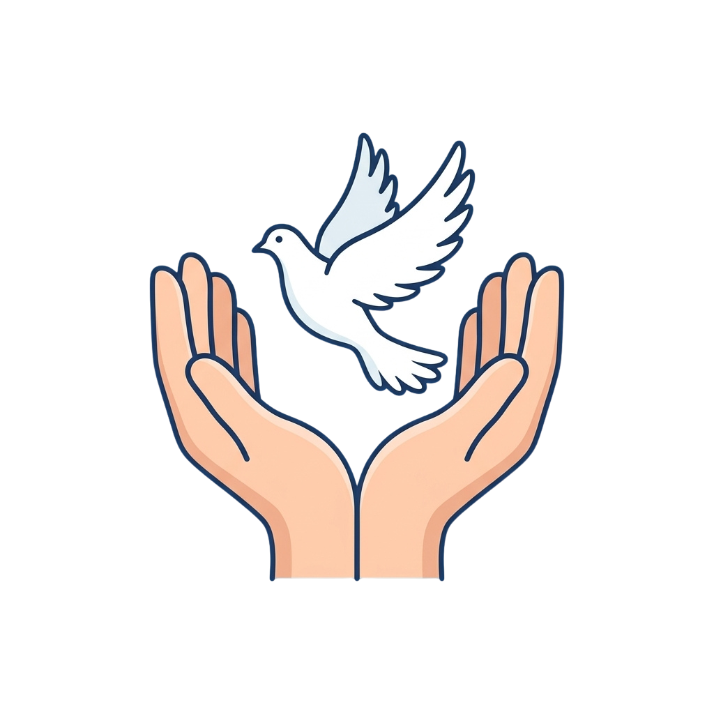 Two open hands gently supporting a white dove in flight against a black background