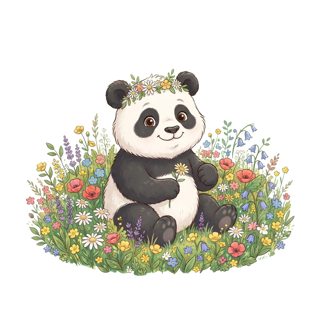 A smiling panda sitting in a circle of colorful flowers with a floral crown on its head