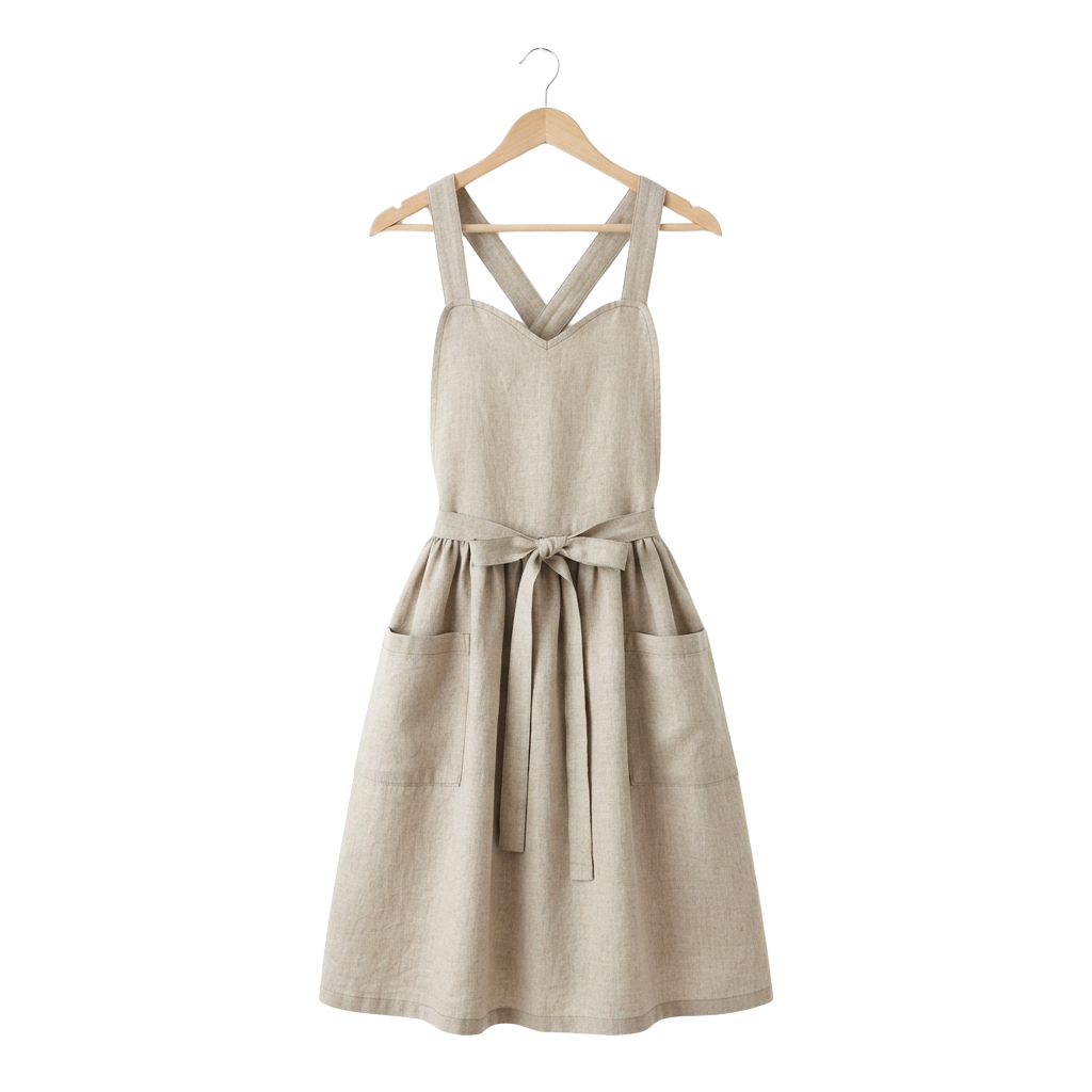 Light beige knee-length dress with thin straps, tie belt, and two side pockets on a hanger