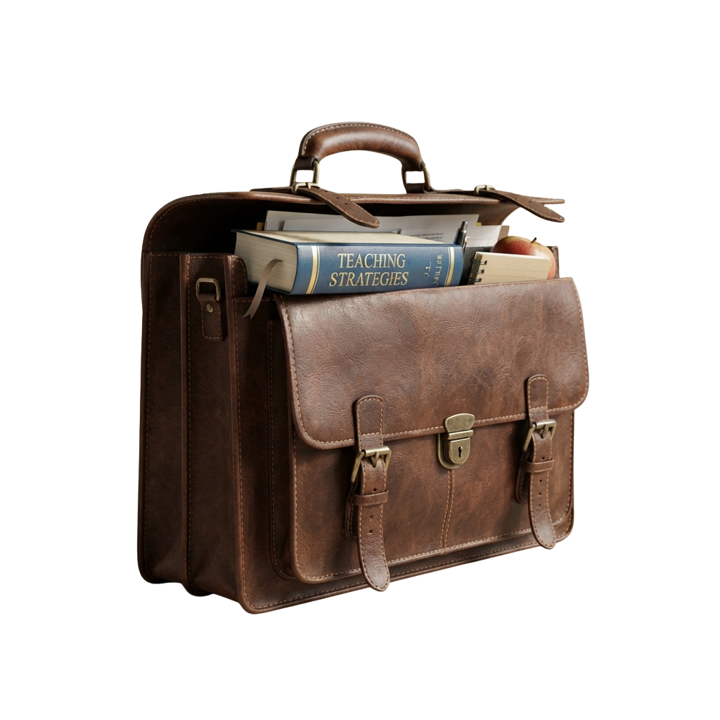A brown leather briefcase containing a book titled Teaching Strategies and other materials