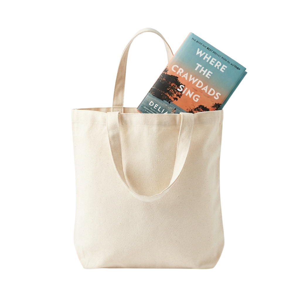 A beige tote bag with a book titled Where the Crawdads Sing partially visible inside.