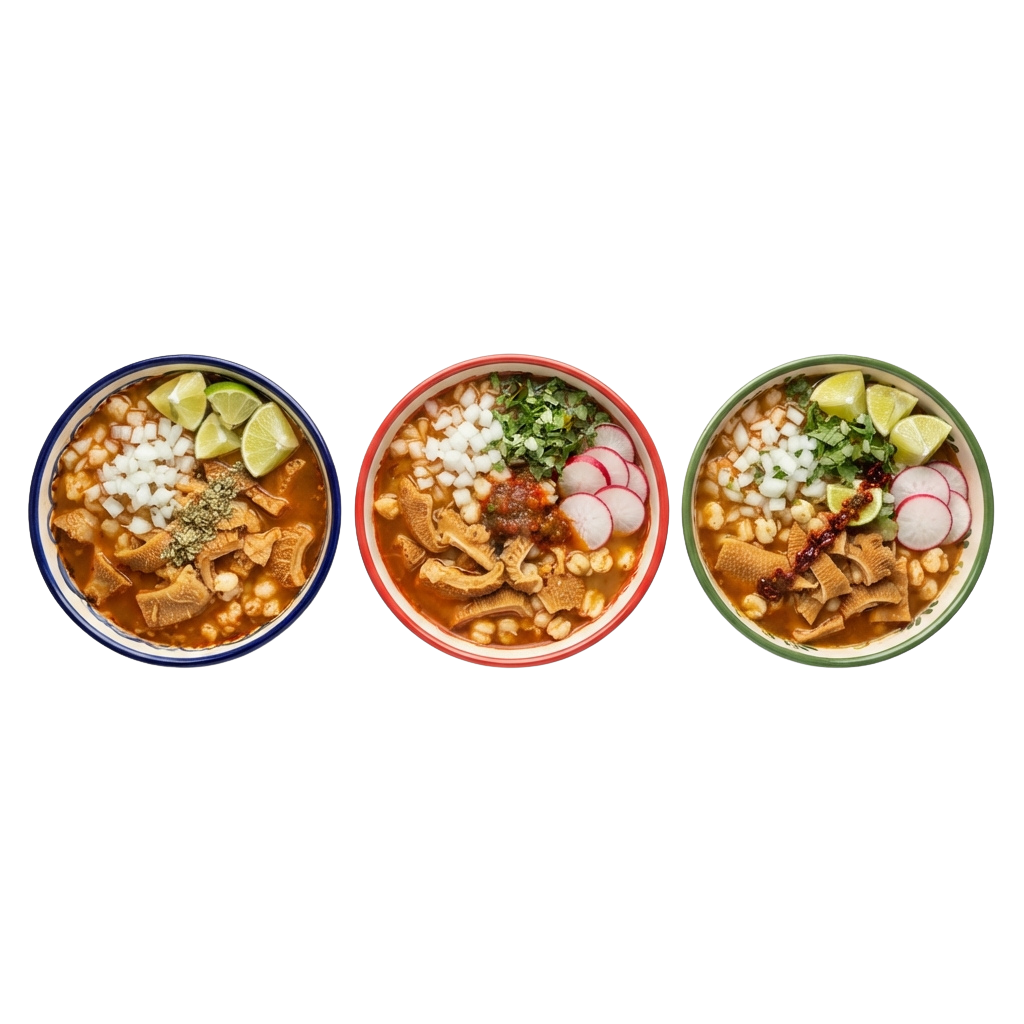 Three bowls of bean soup with different toppings including beans, radishes, lime, cilantro, and meat
