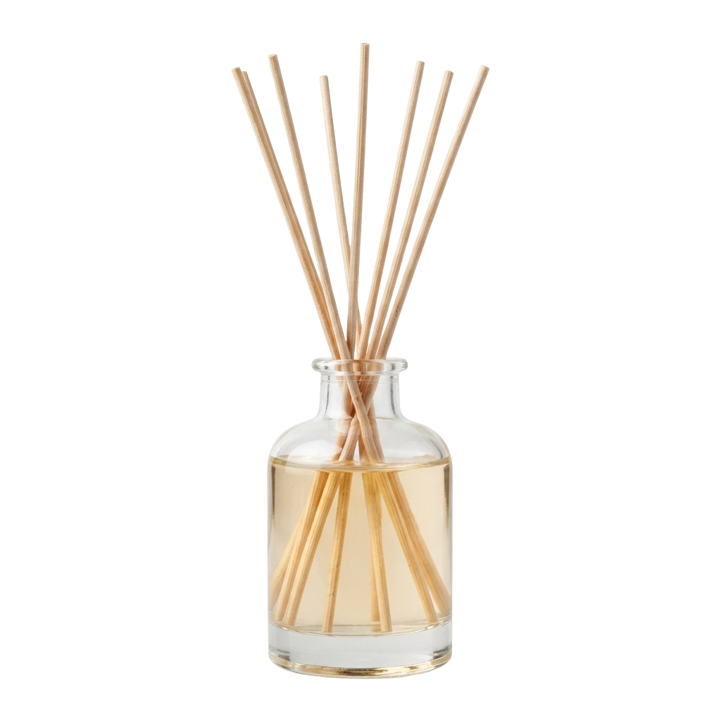 A clear glass diffuser with light-colored liquid and wooden reed sticks for aromatherapy